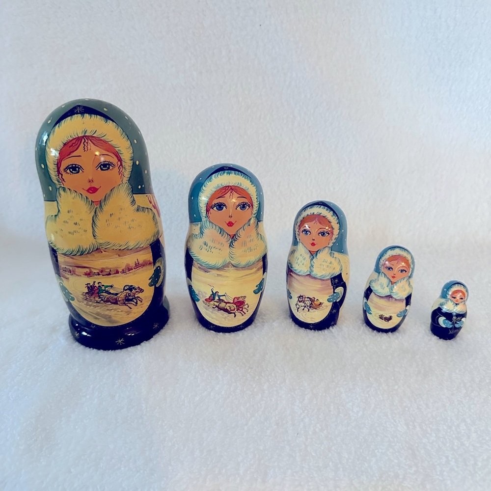 Russian nesting dolls(5) hand painted from Russia -signed, winter scenes